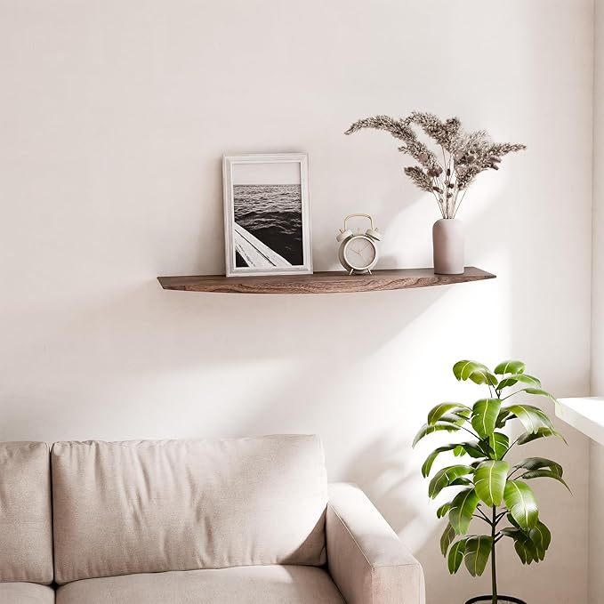 24’’ Black Walnut Floating Shelves - 6 Inch Deep Solid Wood Floating Shelf for Wall, Rustic Zen TV Shelf Wall Mounted, Live Edge Shelf with Invisible Brackets for Living Room, Bedroom, Kitchen.-CasaMuseHome