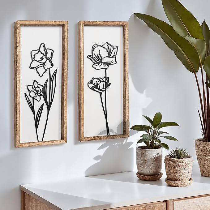 3D Black and White Wall Art (Set of 2) Lightweight, Wooden Ready-to-Hang Framed Floral Wall Art for Bathroom, Bedroom, Living Room or Office – Boho Botanical Farmhouse Decor – Gift-Boxed-CasaMuseHome