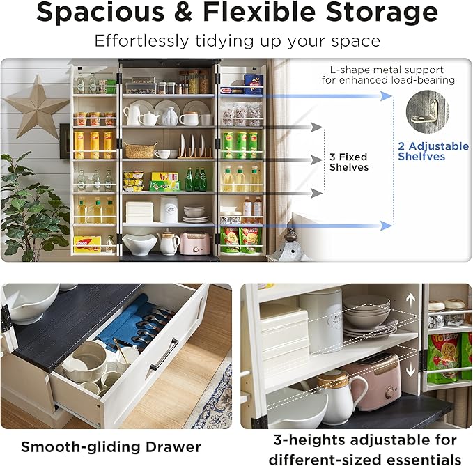 72" Farmhouse Kitchen Pantry Cabinet with Drawer, Tall Storage Cabinet with 2 Barn Doors and Shelves, Versatile Large Rustic Cupboard for Dining Room, Bathroom, Living Room, Laudry, White-CasaMuseHome