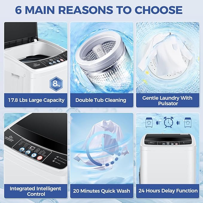 17.8Lbs Portable Washing Machine Nictemaw Portable Washer, 2.3 Cu.ft Washer and Dryer Combo with Drain Pump, 10 Programs 8 Water Level Compact Laundry Washer for Home, Apartment, RV, Dorms-CasaMuseHome