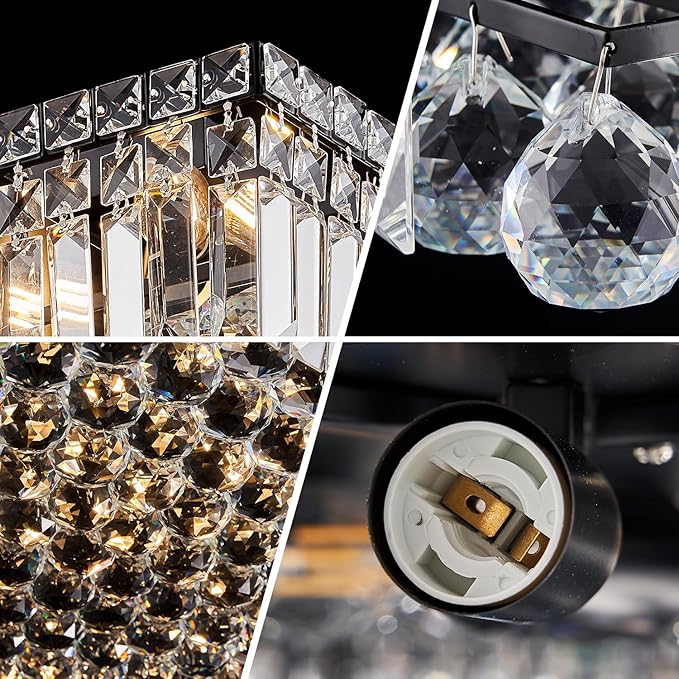 12-Lights Black Crystal Flush Mount Ceiling Light Fixtures,Elegant Crystal Chandelier Pendant Ceiling Lamp for Bedroom,Living Room,Dining Room,Hallway H5.9 x W20 x L20 (Bulb Not Included)Square-CasaMuseHome