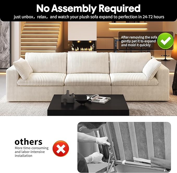 118" 3-Seater Cloud Sofa,Modular Sectional Couch,Modern Deep Seat Upholstered Couches with Plush Corduroy Fabric for Living Room Furniture,Bedroom and Apartment,No Assembly Required,White-CasaMuseHome