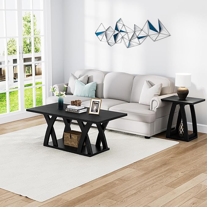 47” Wood Coffee Tables for Living Room Rustic Stands with Storage Shelf Black Coffee Tables for Living Room Farmhouse Center Stands with Shelf Farmhouse Rectangle Center Table-CasaMuseHome