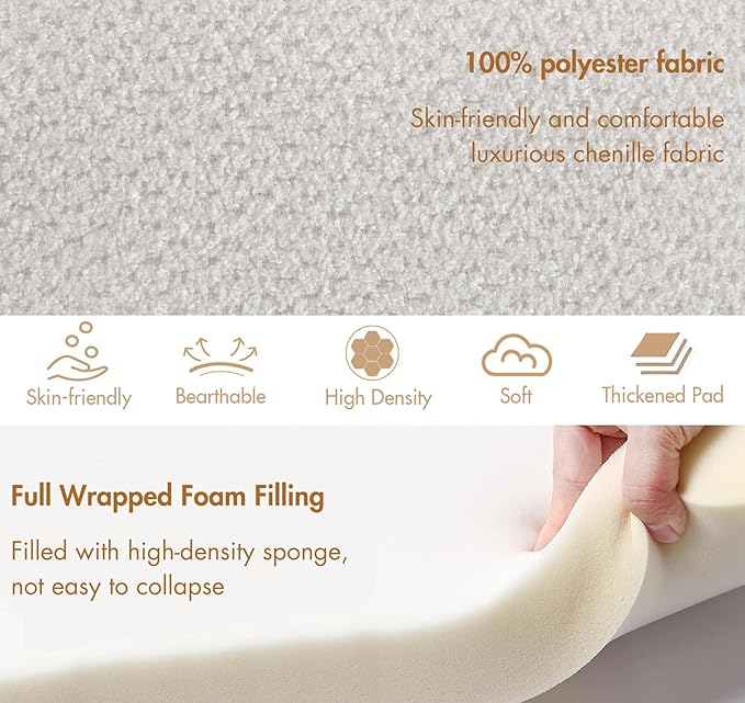 3-Piece 53" Comfy Upholstered Dining Bench with 2 Ottomans, Accent Waterfall Bench Modern End of Bed Entryway Bench Vanity Stool, White Chenille-CasaMuseHome