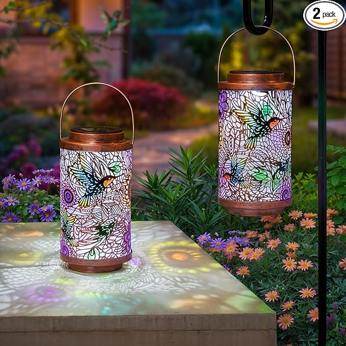 2Pack Solar Lanterns Outdoor Waterproof Hummingbird Colorful Garden Gifts for Mom, Multicolor Solar Lights Lantern for Backyard Garden, Pathway, Outside, Mothers' Day Gifts for Grandma Women-CasaMuseHome