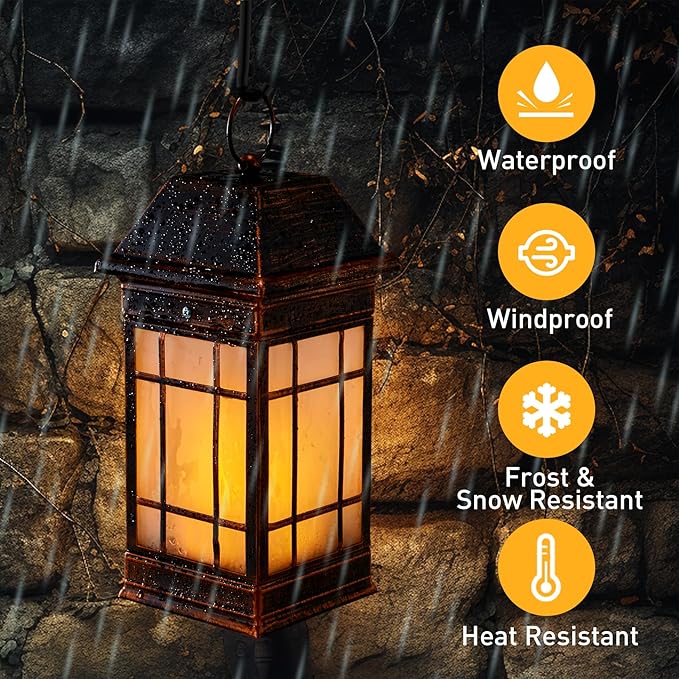14" Solar Lantern Outdoor Waterproof, Glass Flickering Flame Solar Lanterns, Hanging Metal Lantern Decorative for Patio Front Porch Garden Backyard Tabletop Party Decoration-CasaMuseHome