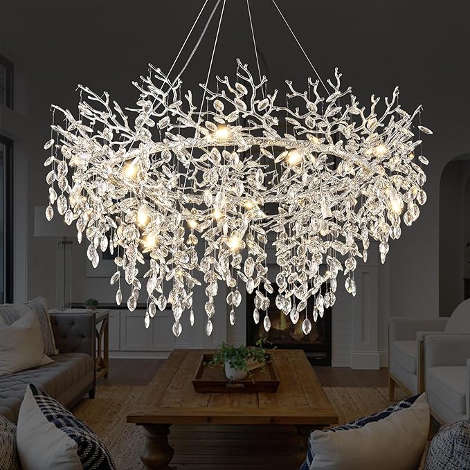 14-Light Modern Living Room Crystal Chandeliers,48" Round Silver Tree Branche Chandelier,Silver K9 Crystal Chandeliers for Dining Room,High Ceiling,Entryway、Foyer-CasaMuseHome