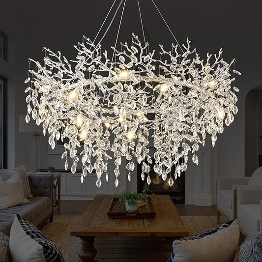 14-Light Modern Living Room Crystal Chandeliers,48" Round Silver Tree Branche Chandelier,Silver K9 Crystal Chandeliers for Dining Room,High Ceiling,Entryway、Foyer-CasaMuseHome