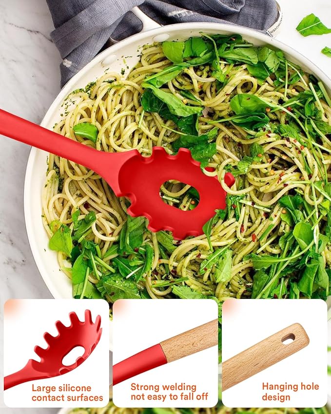 Kitchen Utensils Set, 13PCS Silicone Cooking Utensils, Heat Resistant Kitchen Utensil Spatula Set for Nonstick Cookware, Wooden Handles Kitchen Gadgets Tools Set (RED)-CasaMuseHome