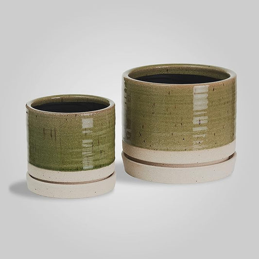 6 + 8 Inch Plant Pots, Ceramic Planter Pot with Drainage Hole & Saucer, Indoor/Outdoor Cylinder Round Planter Pot, Green-CasaMuseHome