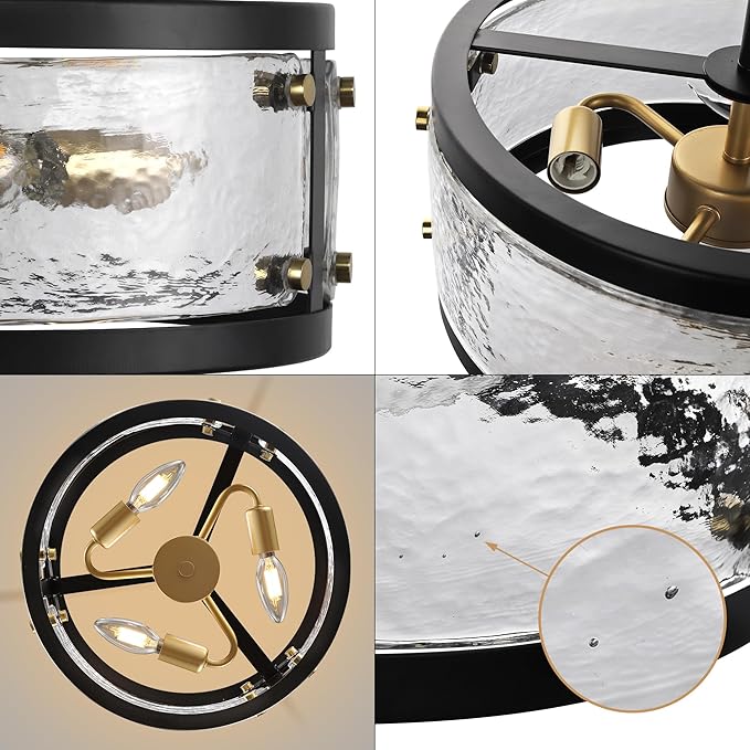 13" Industrial Drum Glass Chandelier, 3-Light Rustic Hanging Pendant Lights, Metal Round Lighting Fixture for Dining Room Foyer Entryway Hallway Bedroom, Clear Waterglass Drum Shade-CasaMuseHome