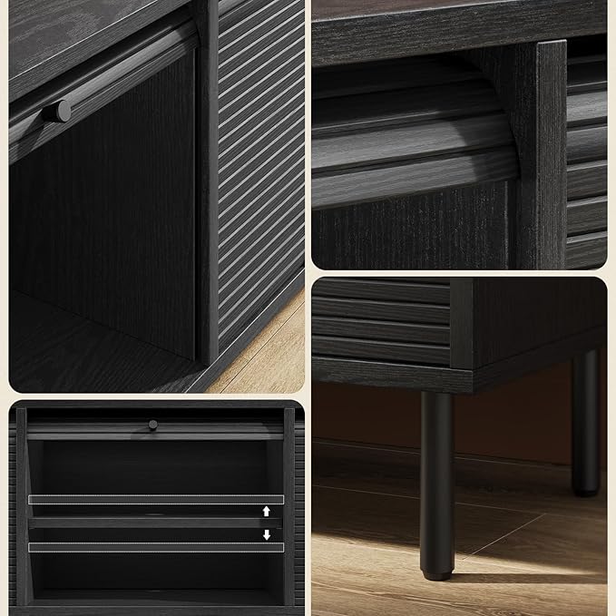 59 Inch TV Stand with Power Outlet for TVs up to 65 Inch, Entertainment Center with Storage, Mid-Century Modern TV Console, Adjustable Shelf & Sliding Doors, TV Stand for Living Room, Bedroom, Black-CasaMuseHome