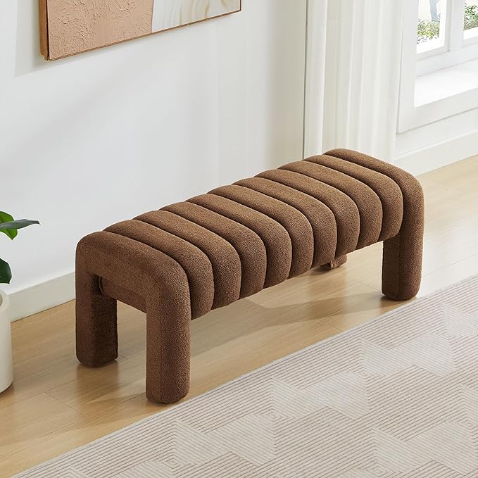 43.3" Bedroom Bench, Upholstered Entryway Bench, Modern End of Bed Ottoman with Solid Wood Legs and Adjustable Foot Pegs for Entryway, Dining Room and Living Room (Brown Boucle)-CasaMuseHome