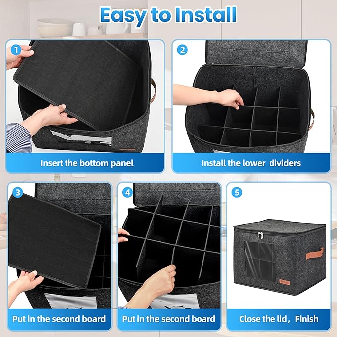 2-Layer Coffee Mug Storage Box with Dividers, Coffee Cup Storage Organizer with Zipper Lid and Handles, Stackable Mug and Cup organizer Service for 24 Coffee Mugs, Cups and Glasses, Dark Grey-CasaMuseHome