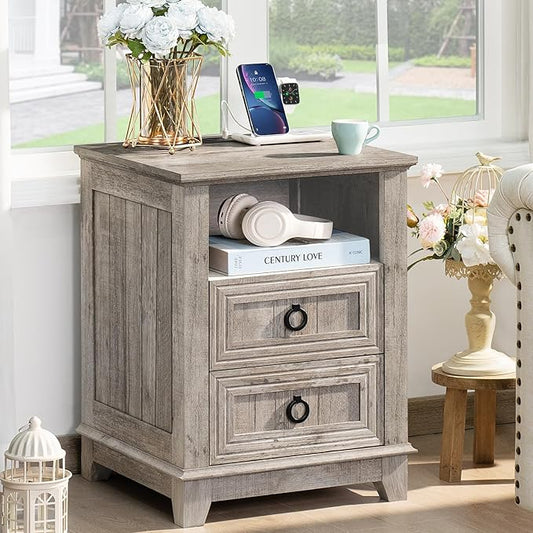 18" Farmhouse Night Stand with Charging Station, 2 Drawers End Table Dresser for Bedroom, Oak Wooden Nightstand, Bed Side Table with Open Shelf, Bedside Cabinet for Living Room, Closet-CasaMuseHome