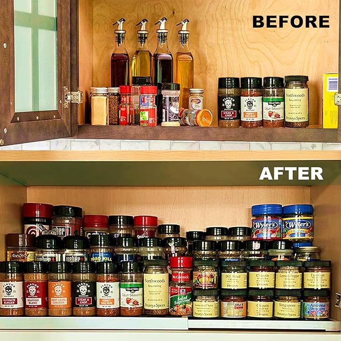 3 Tier Expandable Spice Rack Organizer, White/Grey Plastic Spice Rack, Adjustable Length 14.6In-25.8In, 2 Pack Non-Skid Tiered Spice Shelf Organizer for Kitchen Cabinet, Cupboard, Pantry-CasaMuseHome