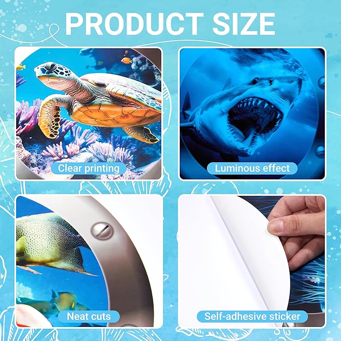 3D Ocean Animals World Wall Stickers Glow in The Dark, 4 Pcs Sharks Turtles Jellyfishs Removable Decals for Kids, Vinyl Stickers for Ceiling (Blue)-CasaMuseHome