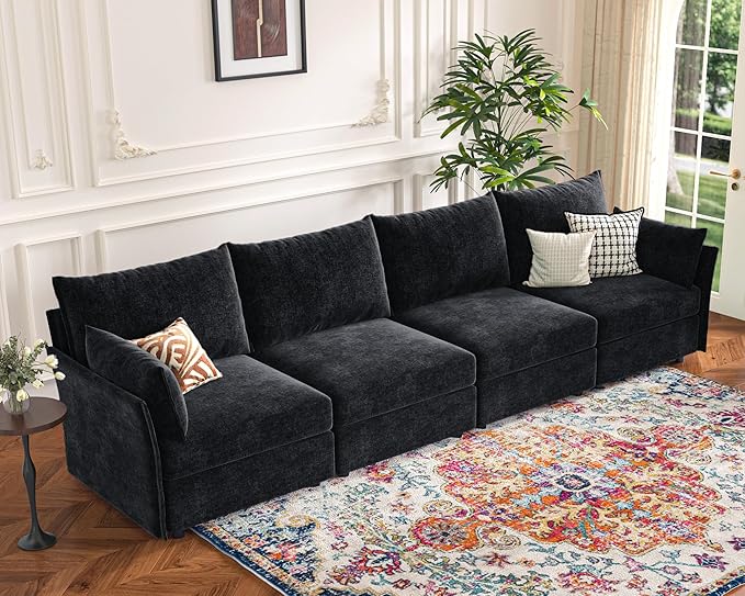 134.6" Modular Sectional Sofa, Oversized 4 Seater Couch with Removable Black Chenille Fabric Cover, Deep Seat & High Backrest for Living Room, Office & Apartment-CasaMuseHome