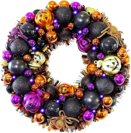 13.8 Inch Halloween Ball Wreath for Front Door with Lights, Lighted Cute Treat-or-Trick Door Wreath Ball Ornament for Halloween Indoor Decorations Centerpiece Party Holiday Wall Home Decor-CasaMuseHome