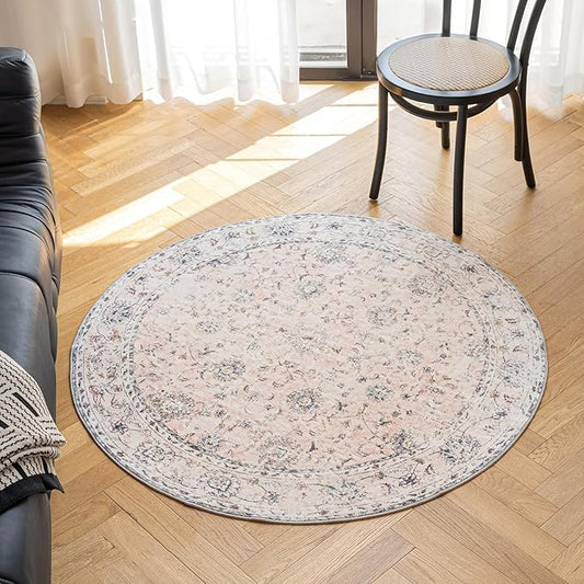 4'x4' Vintage Floral Rug - Persian Inspired Low-Pile Faux Wool Area Rug, Non-Slip Washable Round Rug for Bedroom, Nursery, Dorm, Soft Pink Boho Chic Decor-CasaMuseHome