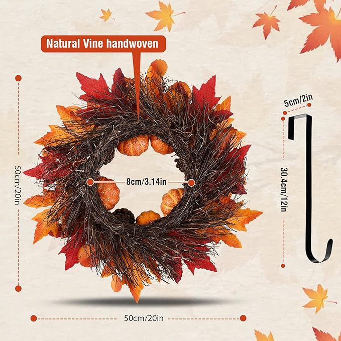 20 Inch Thanksgiving Fall Wreath, Berries Pumpkins Maple Leaves Pine Cones Autumn Wreaths with Hook for Front Door, Fall Decor, Porch Wall Home Outdoor Holiday Decorations Wreath for Autumn-CasaMuseHome