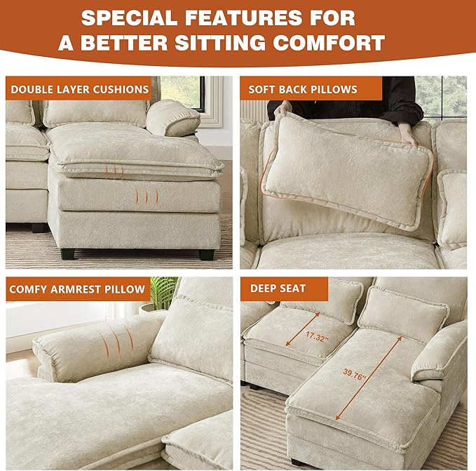 113" Oversized Cloud Couch, U Shape Sectional 4 Seat Sofa with Double Chaises, 2 Layer Cusions, Deep Seat Comfy Sofa, Upholstery Chenille Fabric for Living Room, Beige-CasaMuseHome