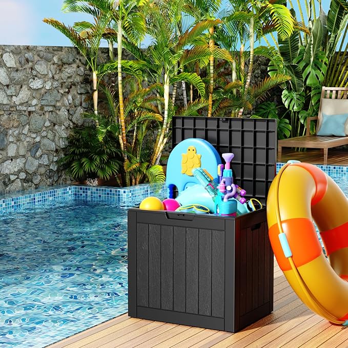 31 Gallon Resin Deck Box, Lockable Patio Outdoor Storage Box for Furniture, Garden Tools and Tools Storage, Waterproof Outside Storage Boxes - Black-CasaMuseHome