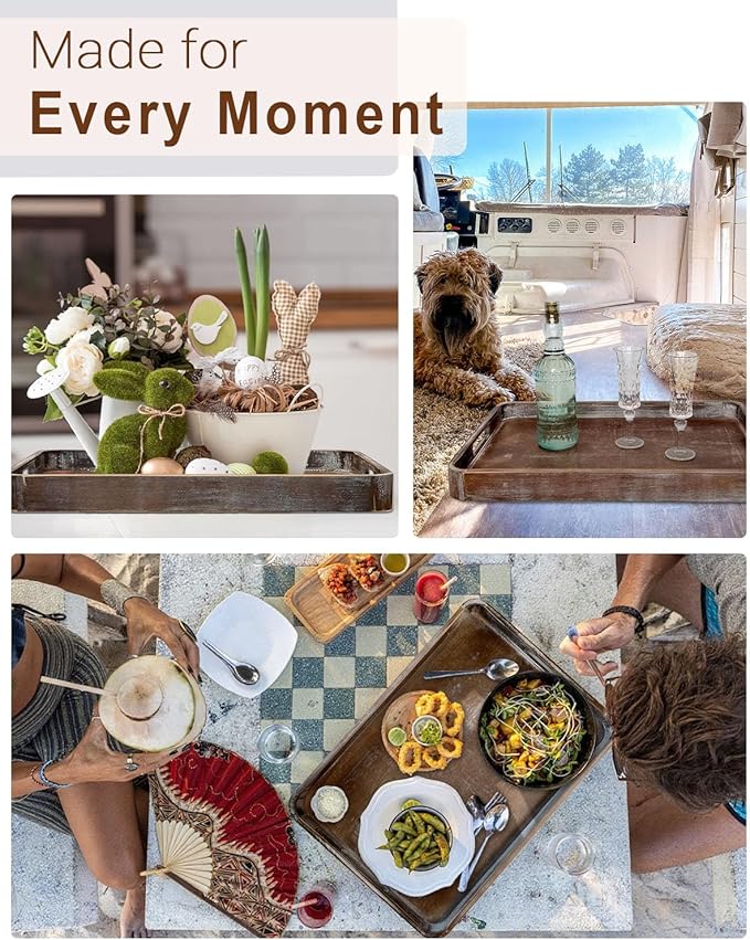 22 Inch Rustic Wood Serving Tray with Handles, Large Rectangular Wooden Ottoman Tray, Beautiful Home Décor for Living Room Coffee Table Couch, Ideal for Serving Food Breakfast BBQ Parties-CasaMuseHome