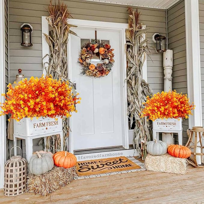 12 Bundles Artificial Fall Flowers No Fade Faux Autumn Plants, Fake Indoor Outdoor Greenery Decorations for Thanksgiving Christmas Wedding Party Home Garden Fireplace Décor (Fall Orange)-CasaMuseHome