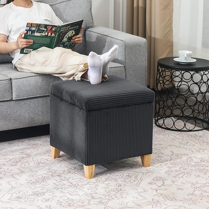 Adeco 18 Inch High Faux Fur Grey Cube Ottoman Storage, Fluffy Striped Velvet Chair Foot Stools, Small Bench Upholstered Vanity Stool with Hinged Lid, Solid Wood Legs-CasaMuseHome