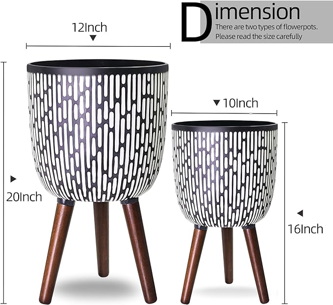 2 Set Plant Pot with Stand 10 & 12 inches, Mid-Century Large Planter with Legs for Indoor Plants, Boho Print Standing Plant Pot with Drainage Plug for Monstera, Herb, Succulent Flower Pot-CasaMuseHome