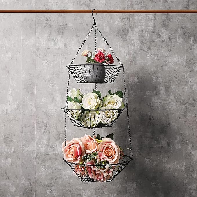 3-Tier Wire Fruit Hanging Basket 2 Packs,non-Punching Wall Hanging Storage,Kitchen Bathroom Organization Basket,Suitable for Bathroom,Kitchen,Closet,Garden,Black-CasaMuseHome