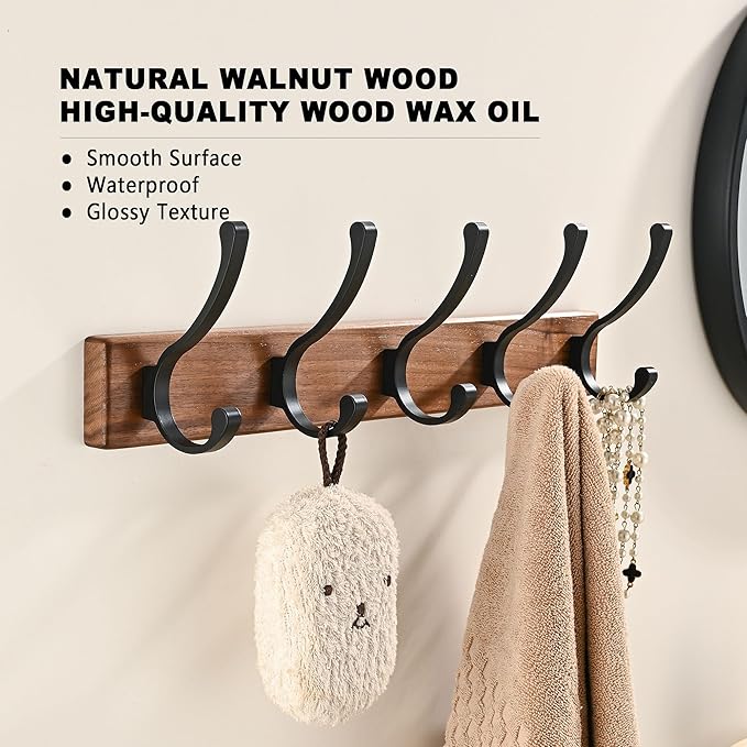 17.3" Small Wooden Coat Rack Wall Mount with 5 Hooks, Entryway Wall Hooks Coat Hanger for Hanging Towel Jacket Clothes Hat Backpack Shoe Purse Key Holder Multi Hook Rail by Black Walnut Wood-CasaMuseHome