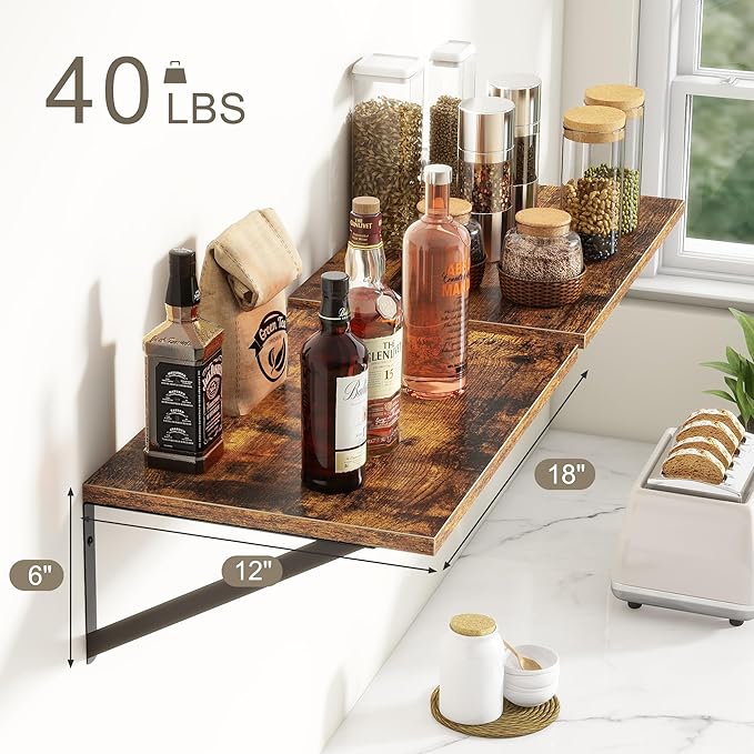 18"W x12"D Floating Shelves, Farmhouse Wall Shelves Home Decor Shelf, Deep Bathroom Shelf with Bracket, 12 Inch Deep Wall Shelves for Living Room, Kitchen, Bedroom, Rustic Brown, Set of 2-CasaMuseHome