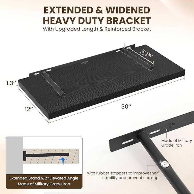 30" Floating Shelves for Wall, 12" Deep Slim Black Floating Shelves, Wall-Mounted Shelves for Bedroom, Living Room, Kitchen, Bathroom - Set of 2-CasaMuseHome