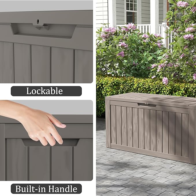 75 Gallon Double-Wall Resin Deck Box - Lockable Waterproof Outdoor Storage Box, 515lbs Capacity & Doubles as Seating for Patio Furniture - Garden Tools, Pool Accessories (Brown)-CasaMuseHome