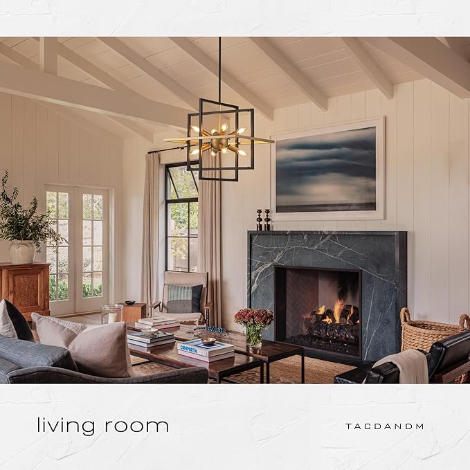 18.9'' Black Gold 8-Light Sputnik Chandelier Modern Industrial Adjustable Hanging Geometric Pendant Light Fixture for Entryway Foyer Stairway Hallway Bedroom Living Room Kitchen Island-CasaMuseHome