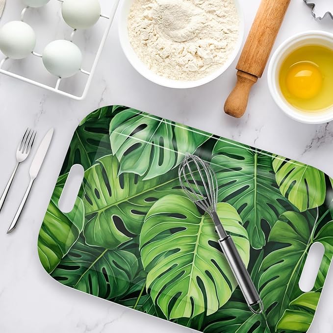 Serving Trays with Handles, 14.5 x 9.8 inch Rectangular Plastic Tray for Restaurant, Kitchen, Tropical Leaf Pattern Monstera in The Style-CasaMuseHome