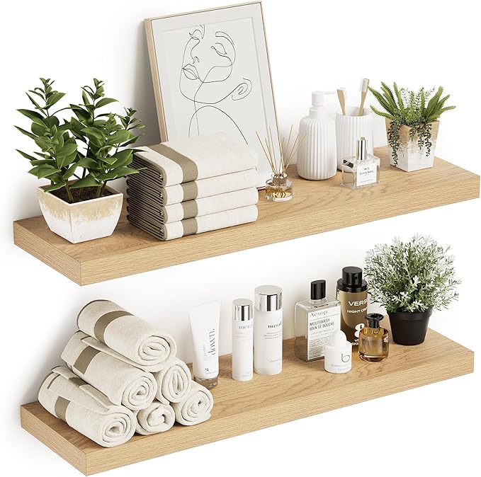 10 inches Deep Floating Shelves 36 inch Long, Large Oak Wall Shelves Heavy Duty 70 lbs for Bedroom, Bathroom, Living Room, Kitchen, Office, Modern Shelf Home Decor with Invisible Bracket-CasaMuseHome