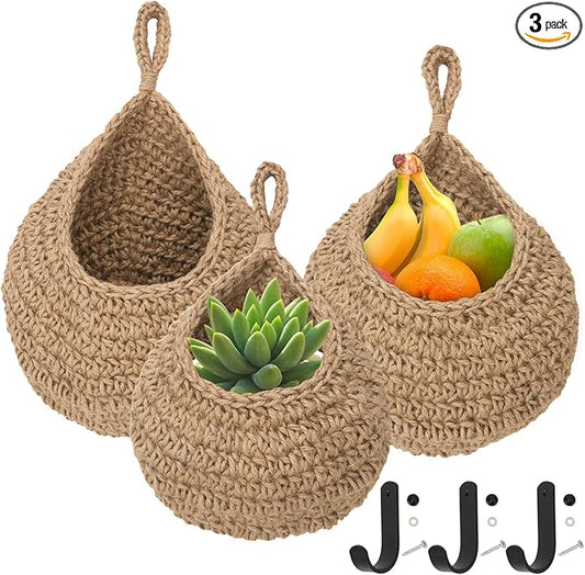 3 Pack Hanging Wall Basket with Hook, 3 Size Wall Hanging Fruit Baskets, Hanging Baskets for Organizing, Hanging Fruit Baskets for Kitchen, Restaurant, Coffee Shop, Party and Garden Decor-CasaMuseHome