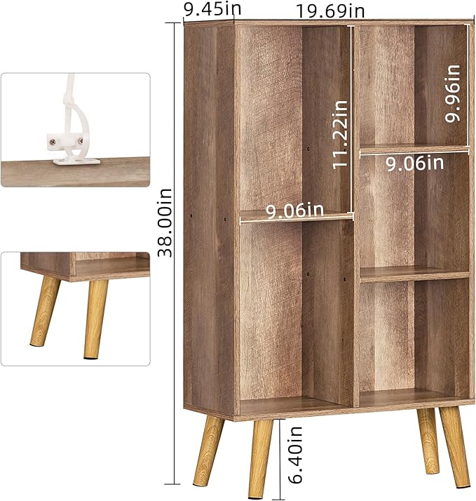 5 Cube Small Bookshelf,3 Tier Mid-Century Modern Bookcase with Legs,Wood Kids Bookshelves Storage Organizer Shelf,Free Standing Narrow Book Shelves,Oak Grey Corner Bookcases for Bedroom,Living Room-CasaMuseHome