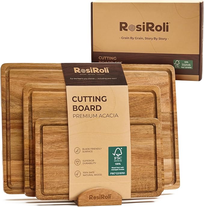Acacia Wood Cutting Board for Kitchen, 3 Set with Holder - FSC Certified Large Wood Charcuterie Cheese Board with Handles and Juice Grooves, Wooden Chopping Block, Ideal Gift Set of 3 (S/M/L)-CasaMuseHome