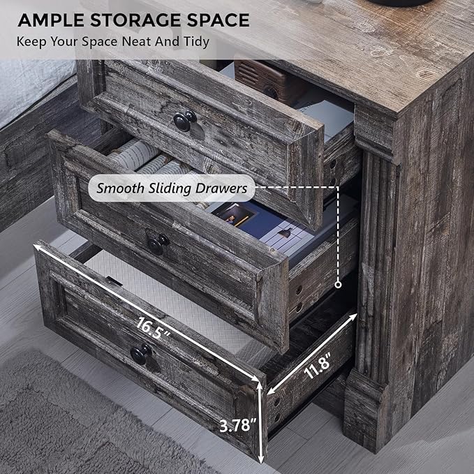 26" Tall Farmhouse Nightstand, 3 Drawers End Table w/Charging Station, 23.6" Wide Large Side Table w/Roman Column, Wood Rustic Sofa Table for Bedroom, Light Gray-CasaMuseHome