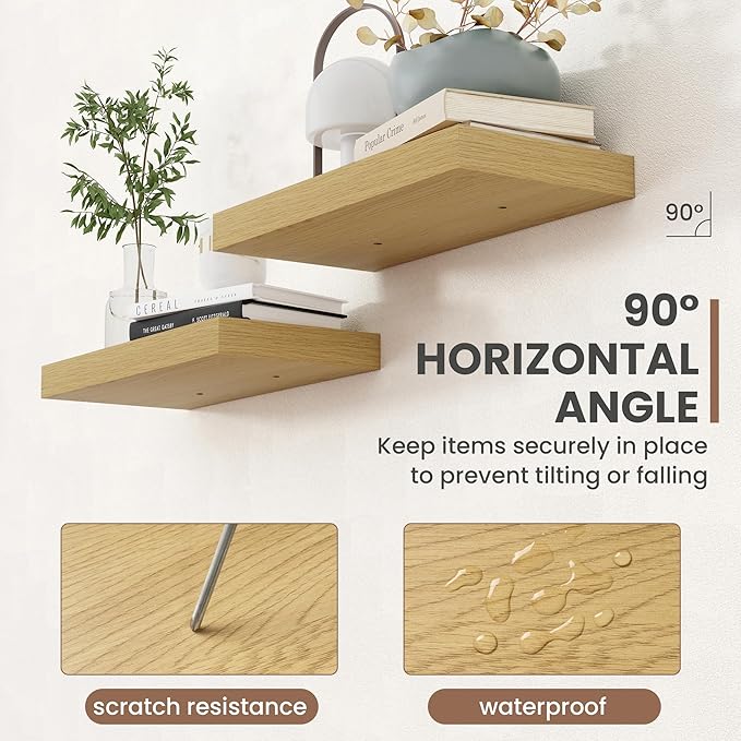 16 Inch Floating Shelves, 8 Inch Deep Floating Shelves for Wall, Hanging Shelf with Invisible Brackets, Deep Shelves for Bathroom, Bedroom, Living Room, Oak, Set of 2-CasaMuseHome