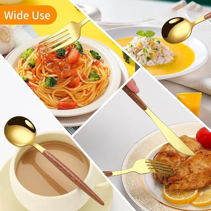 16 Pcs Gold Silverware Set with Simulated Wooden Handle for 4,Stainless Steel Cutlery Set,Mirror Polished Tableware Utensils Flatware Set,Include Knives Spoons and Forks set,Dishwasher Safe-CasaMuseHome