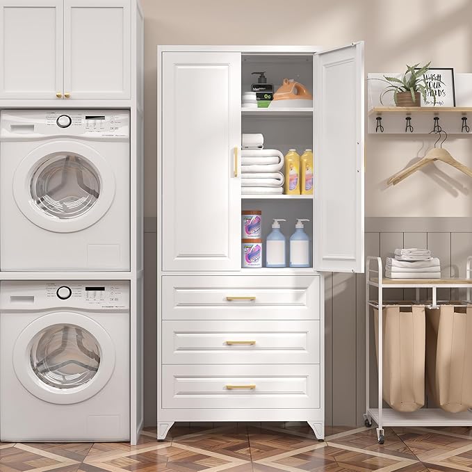 75" Kitchen Pantry Cabinet with 3 Drawer,Metal Storage Cabinets with Doors and 4 Adjustable Shelves,White Kitchen Cabinet with 2 Gold Handles,Food Cupboard for Livingroom,Pantry, Bathroom-CasaMuseHome