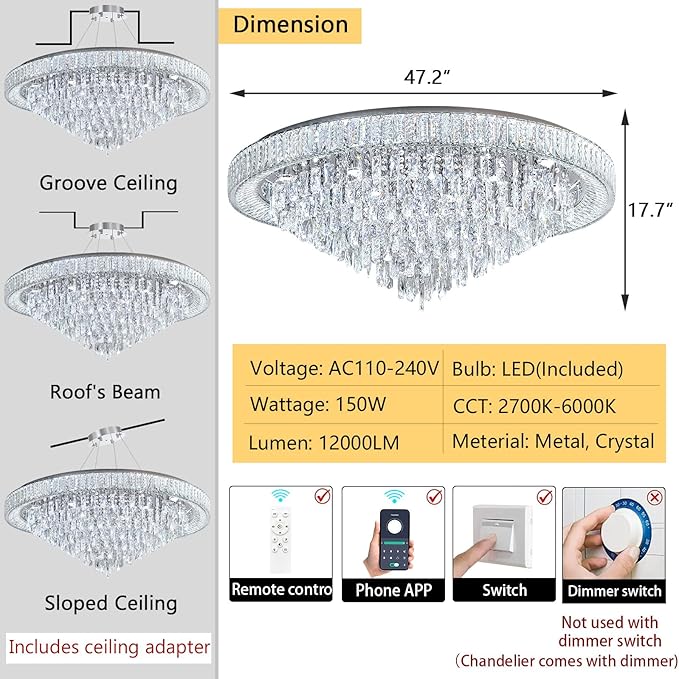 47'' Modern Chandeliers LED Dimmable Crystal Flush Mount Ceiling Chandeliers for Living Room High Ceiling Entrance Foyer Lobby Bedroom Silver-CasaMuseHome