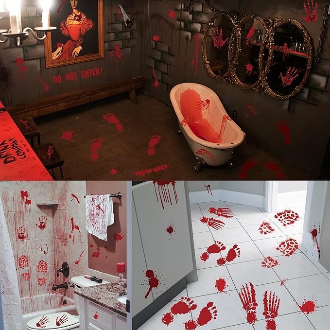 173PCS Halloween Bloody Footprints Floor Clings Plus Tattoos - Hallowmas Handprint Zombie Restroom Sign Decals Party Decorations-CasaMuseHome