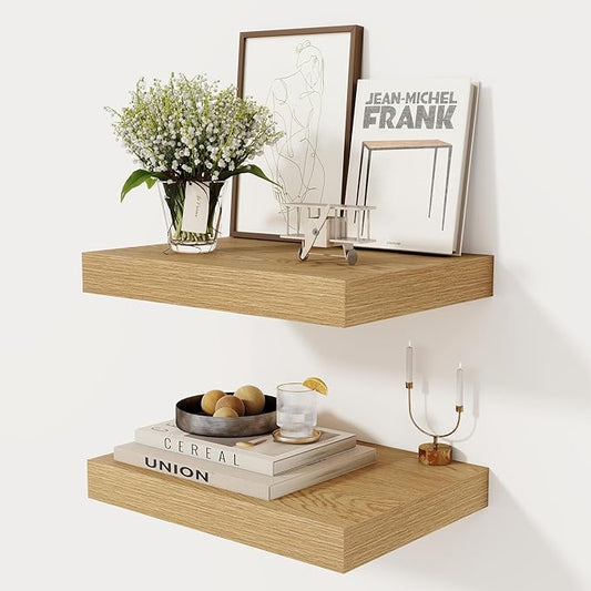 12 Inch Deep Floating Shelves, 16 x 12 Floating Shelf for Books, Rustic Wood Deep Wall Shelves for Home Storage & Display, 2" Thicked Shelves for Kitchen, Living Room, Bedroom, Oak Color, 2 Pack-CasaMuseHome