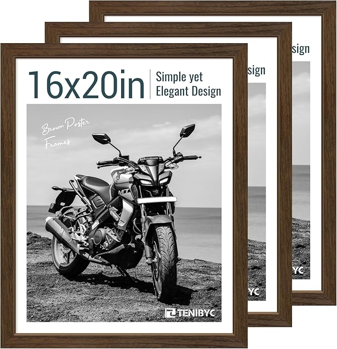 16x20 Picture Frame Set of 3 - Brown Woodgrain, Wood Poster Frame, HD Tempered Glass, Wall Gallery Hanging-CasaMuseHome